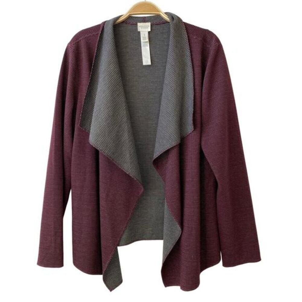 Chico's Micro Striped Cardigan‎ Sweater Size 1 M Burgundy Gray Weekend Wear Knit